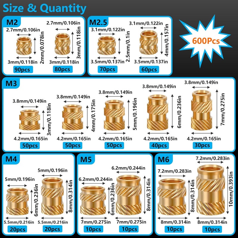 FFVRVSS 600+7Pcs M2 M2.5 M3 M4 M5 M6 Premium Brass Threaded Inserts, Metric Brass Knurled Nuts Assortment Kit, with Heat Set Insert Tool, for Plastic and 3D Printing Components, All-in-one Solutions - Image 2